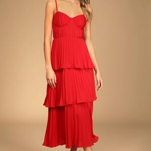 LULUS Cascading Crush Red Tiered Bustier Midi Dress